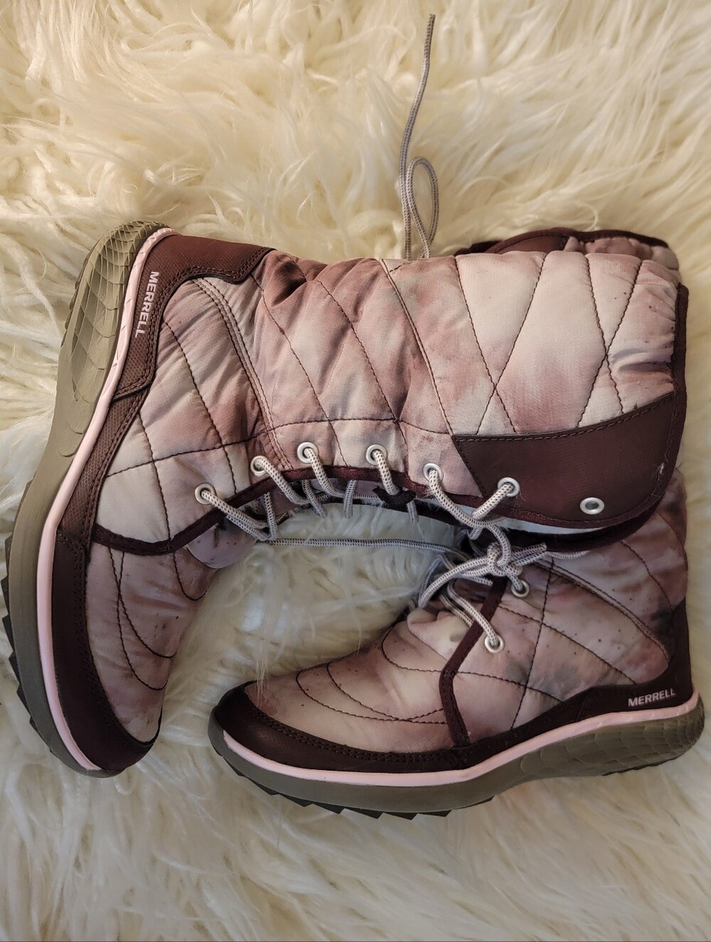 🆕️🥾Merrell Pechora Peak Winter Tie Up Boots, Burgundy/Tie Dye, Sz 6